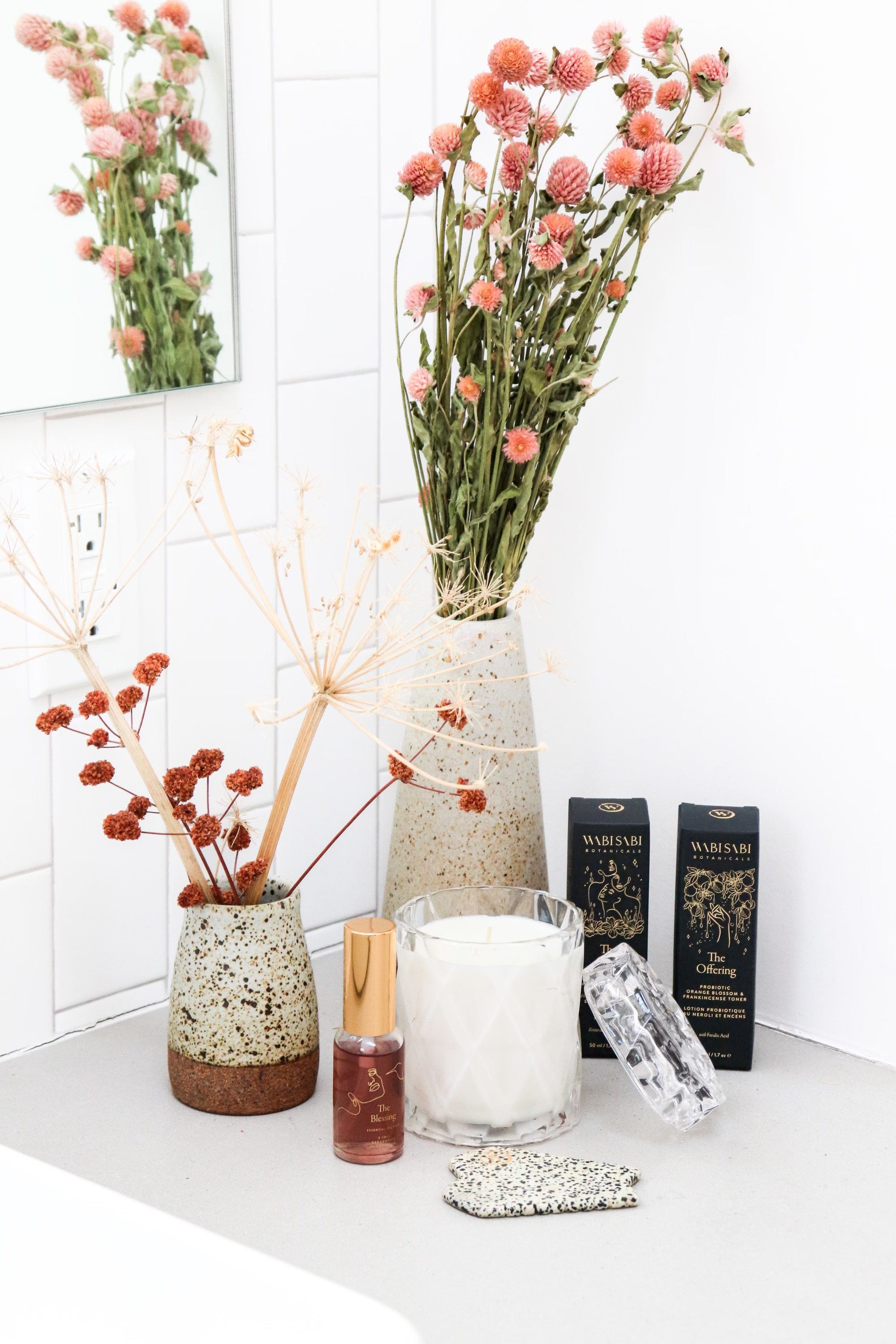 bathroom decor with coconut wax candles in clear glass jar with lid