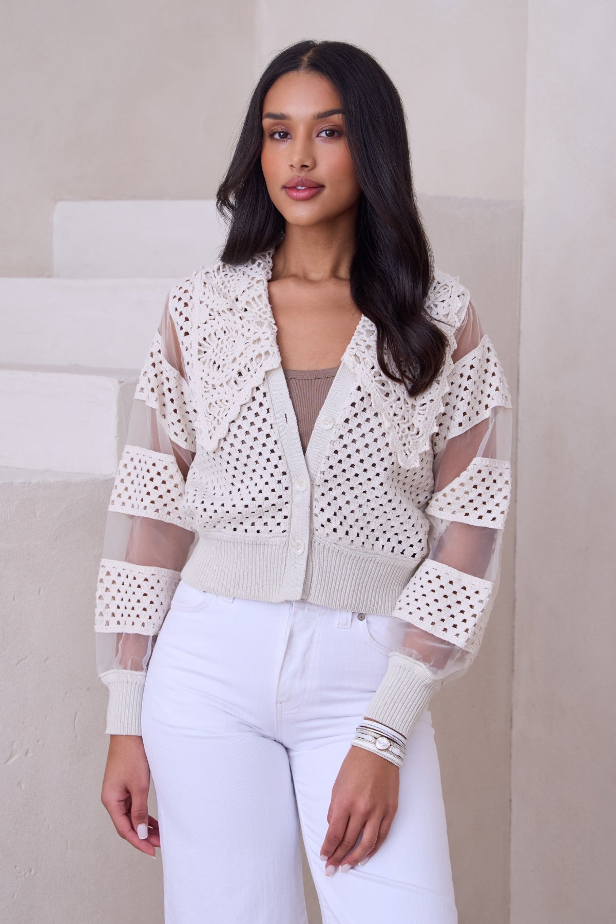 Hand Crochet Sheer Button Cardigan - Ivory