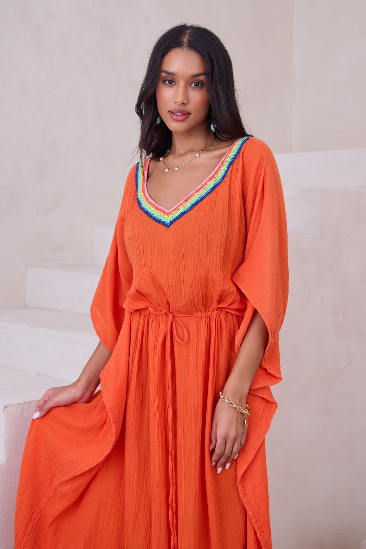 Crochet Rainbow Kaftan Maxi - Orange