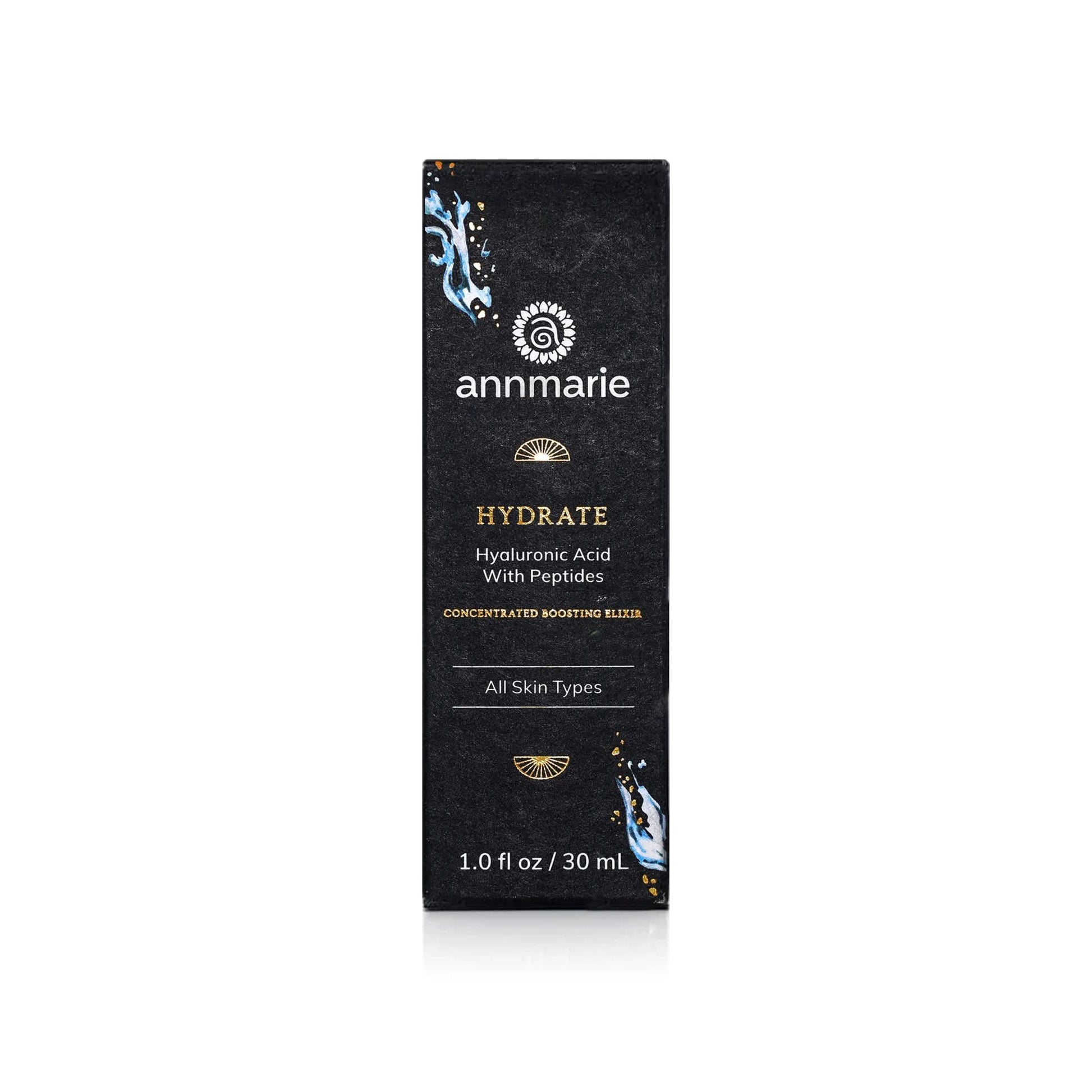 Hydrate Hyaluronic Acid with Peptides product box packaging for the concentrated boosting elixir, 1 oz size, on a white background