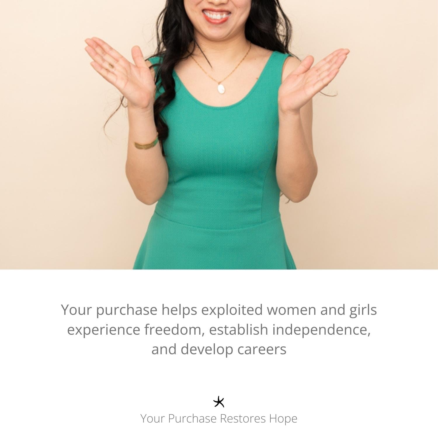 Photo of a woman wearing beautiful jewelry, handmade necklace, Starfish Project, symbolism for hope