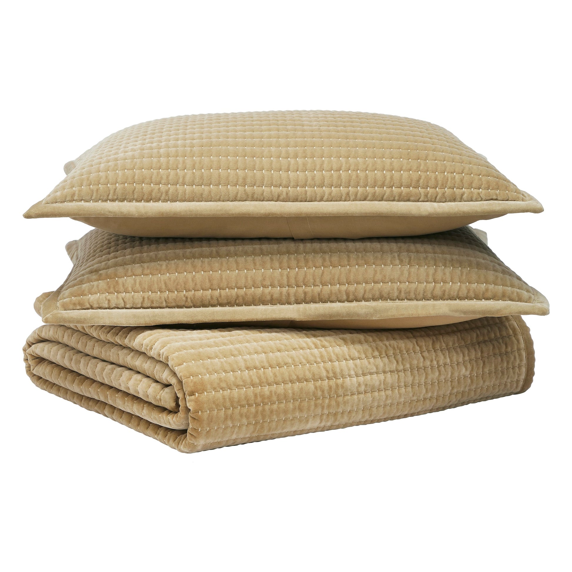DE-267-3137_4|Gold beige quilted velvet coverlet and matching shams stacked, luxurious textured bedding for elegant comfort.