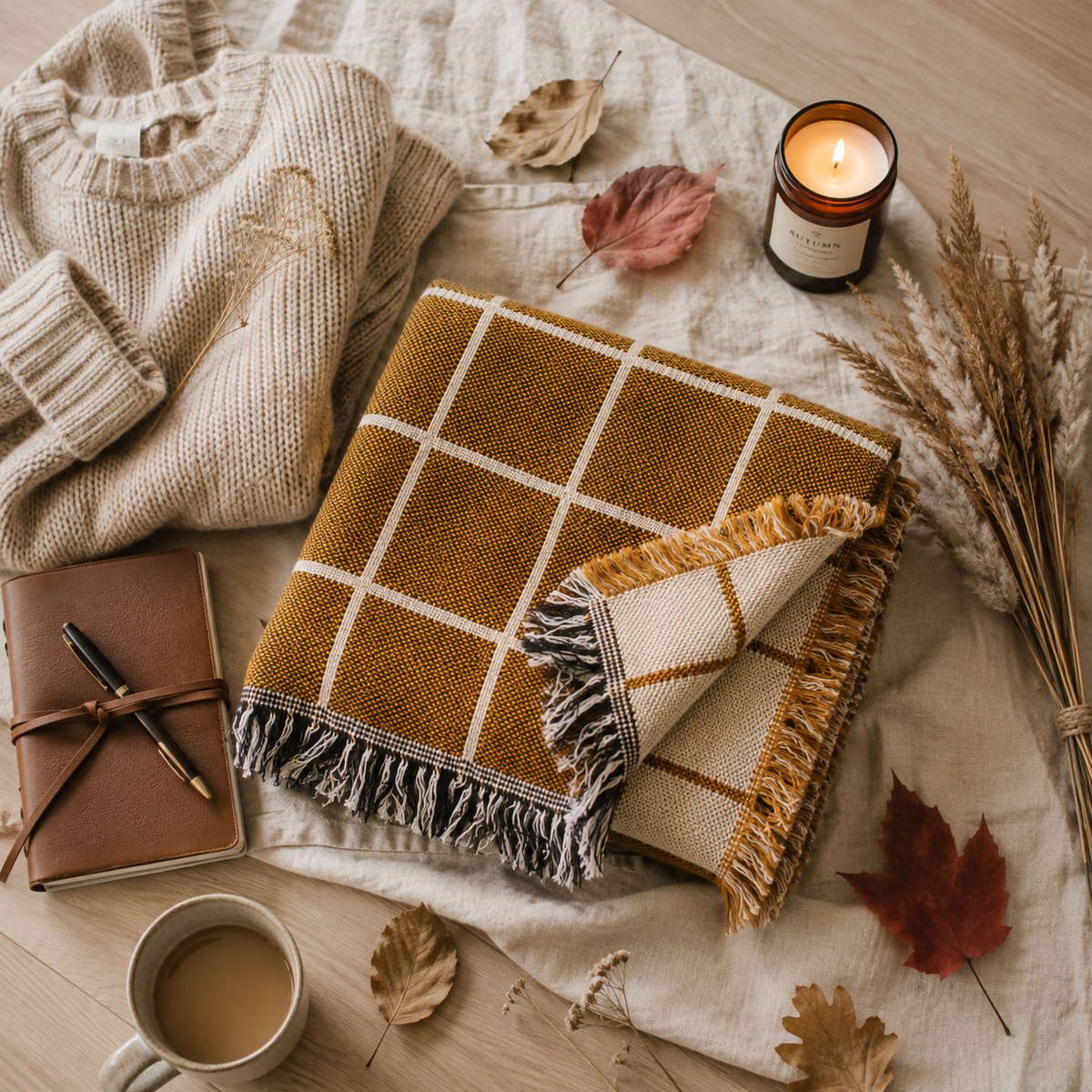 Folded Greer Acorn golden brown grid reversible jacquard woven throw blanket