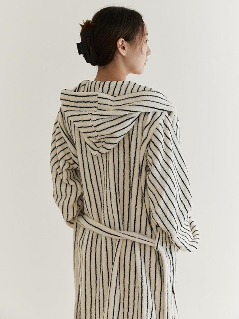 Retro 100% ORGANIC Long - stapled Cotton Hooded Stripe Bath Robe - Retro Striped Bath Robe - INSPECIAL HOME