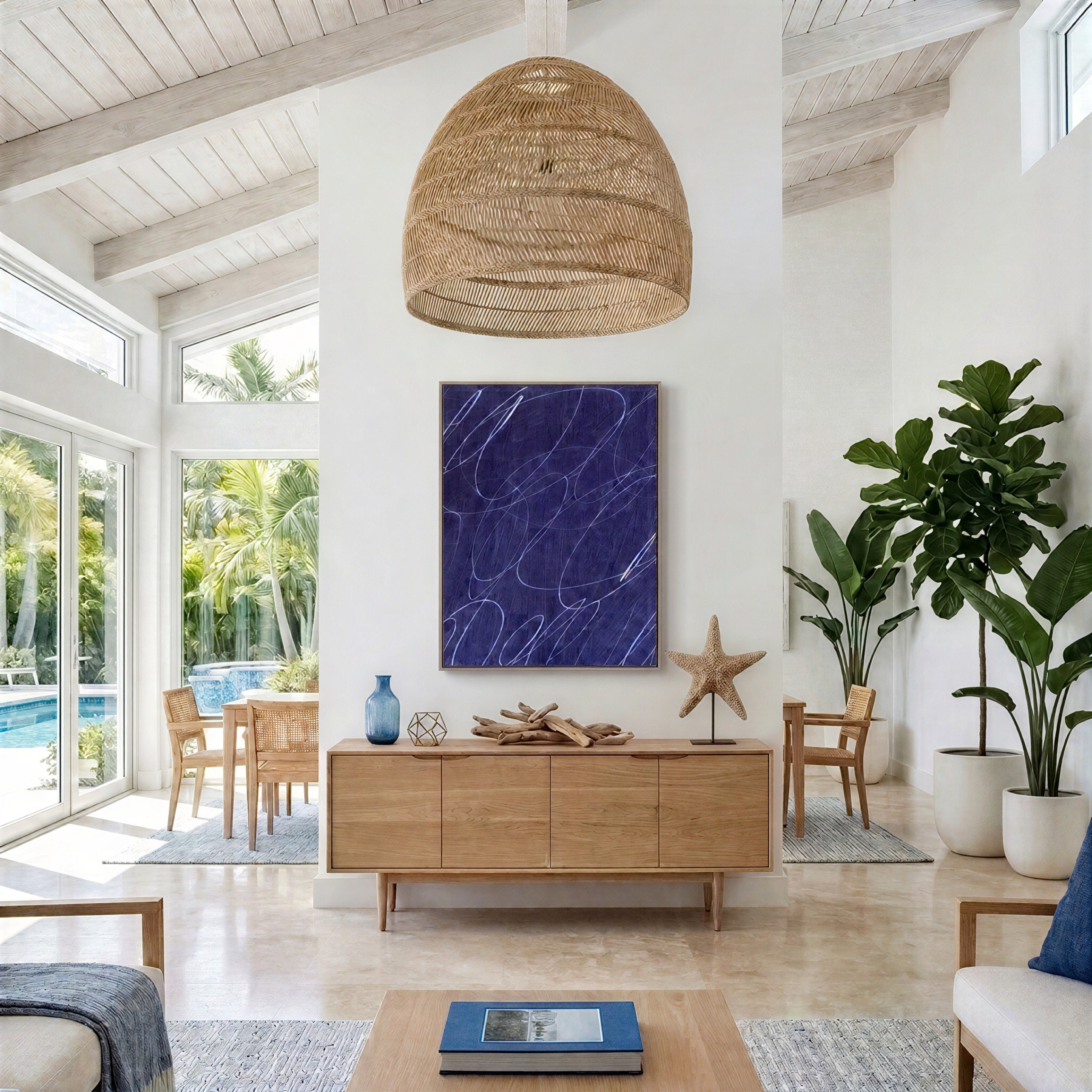 Gestural Marks in Deep Ocean Framed Wall Art