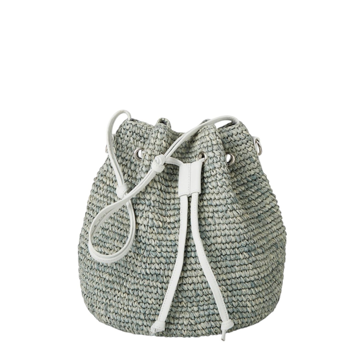 Shop Sarah Stewart The Jane raffia bucket bag with white leather trim and adjustable drawstring closure. Features short handle and crossbody strap.