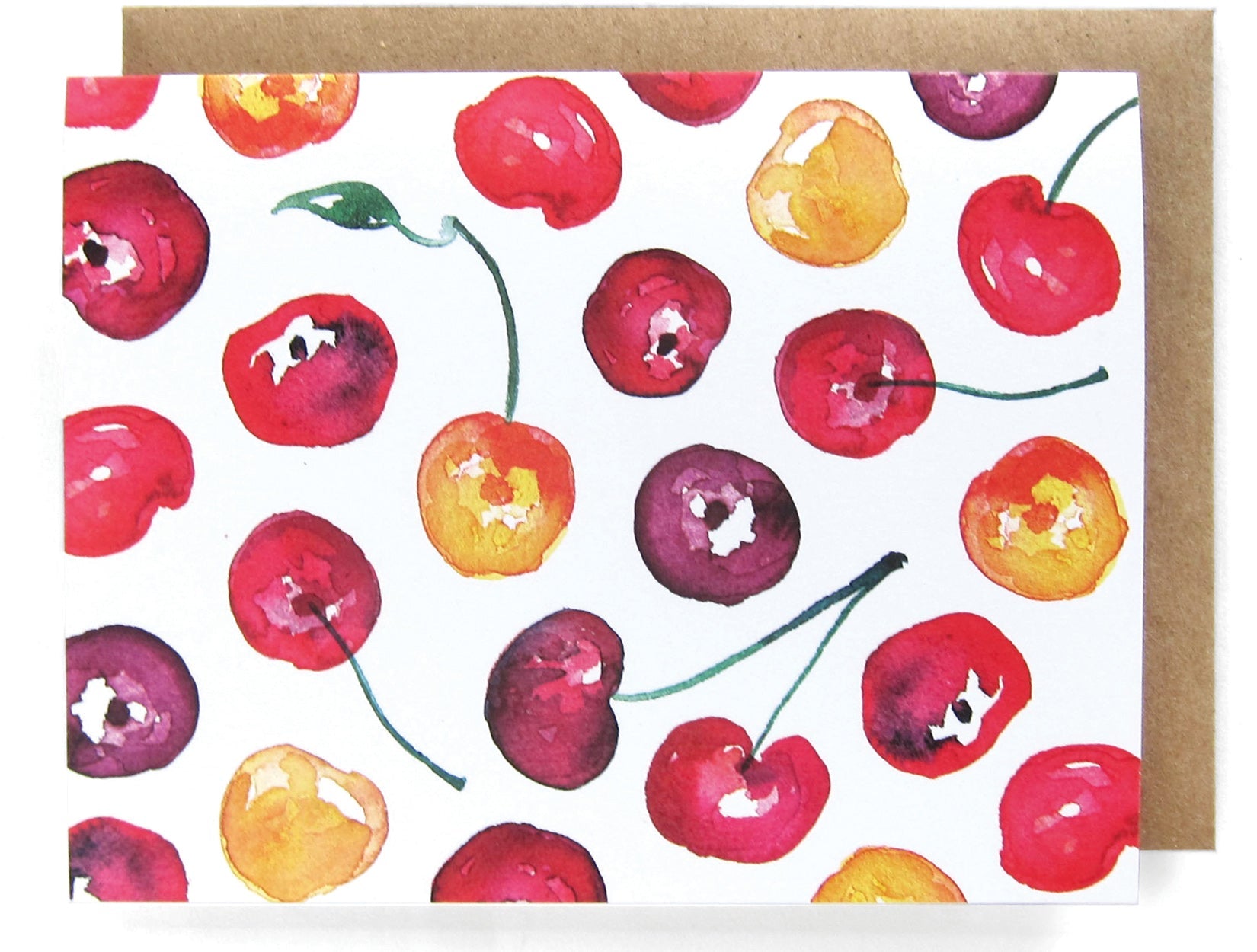 White card with watercolor cherries design, with a brown envelope