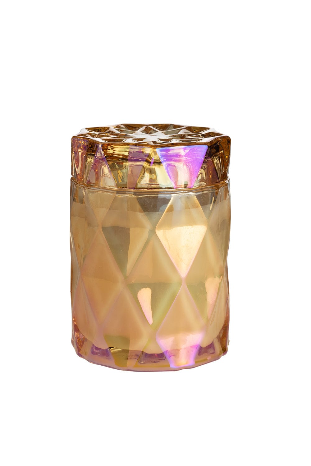 coconut wax candles in iridescent glass jar with lid