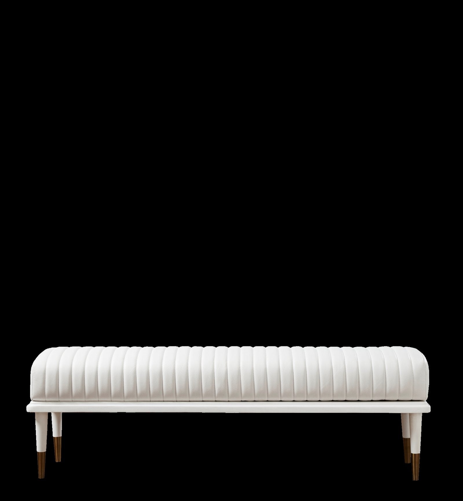 FN-5203-601618_1|Elegant white ribbed leather upholstered bench with modern gold-tipped legs. Luxurious living room furniture piece.