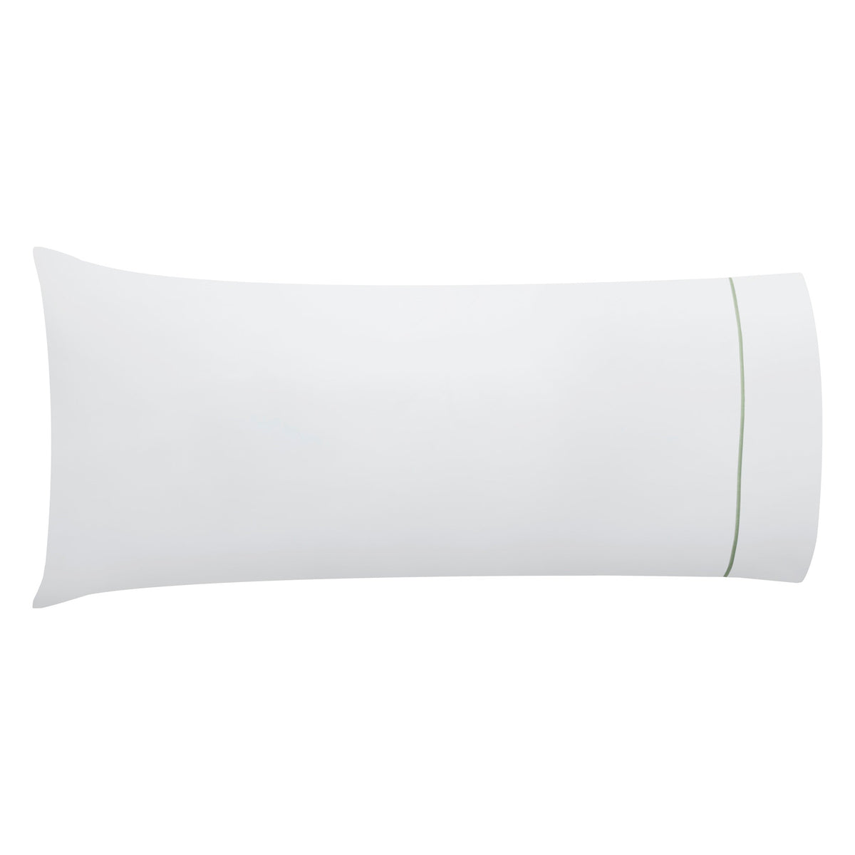 AKP-532-2040_4|Single white 100% cotton body pillowcase, sateen weave, featuring a vertical light green piping detail on one end.