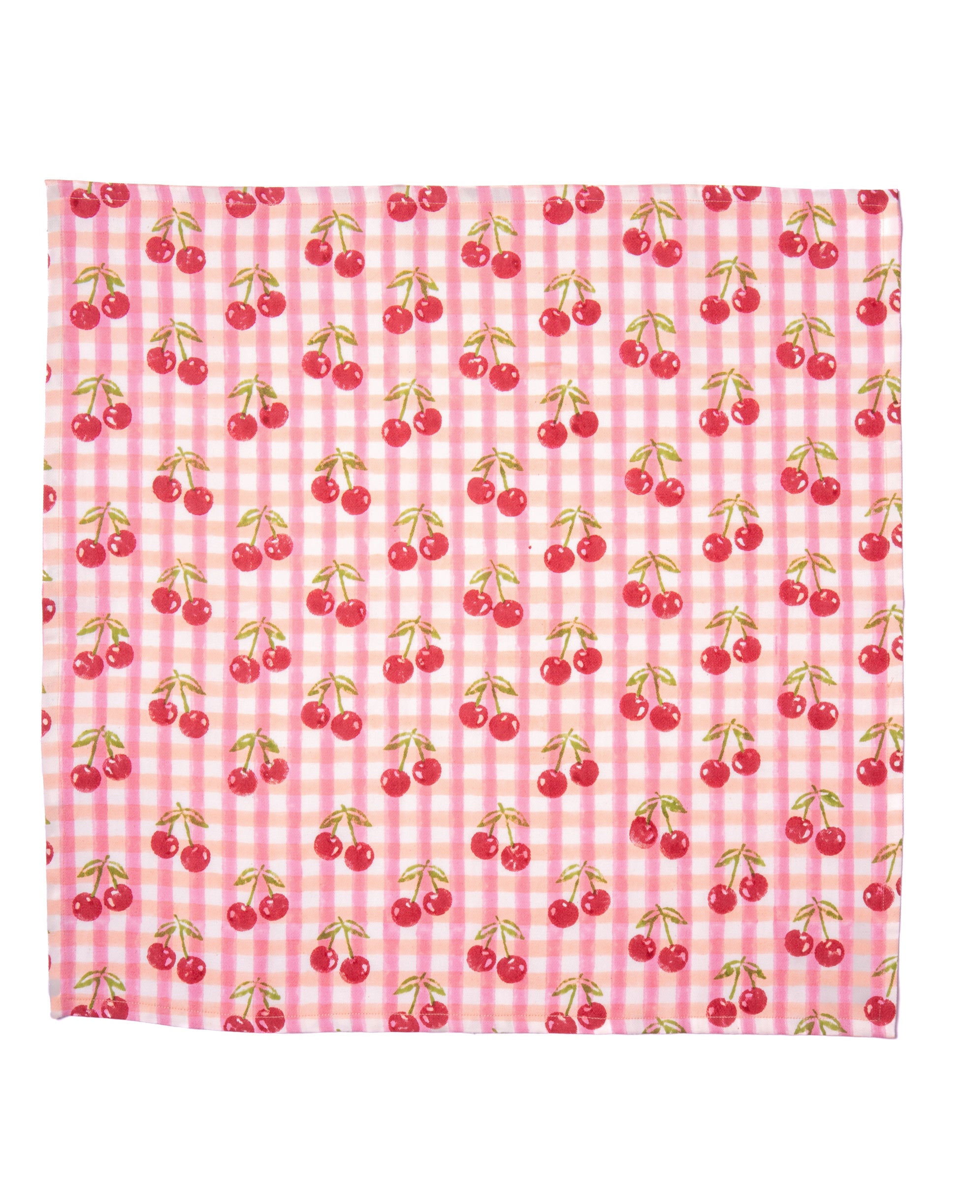 Single cherry blockprint napkin in red gingham pattern