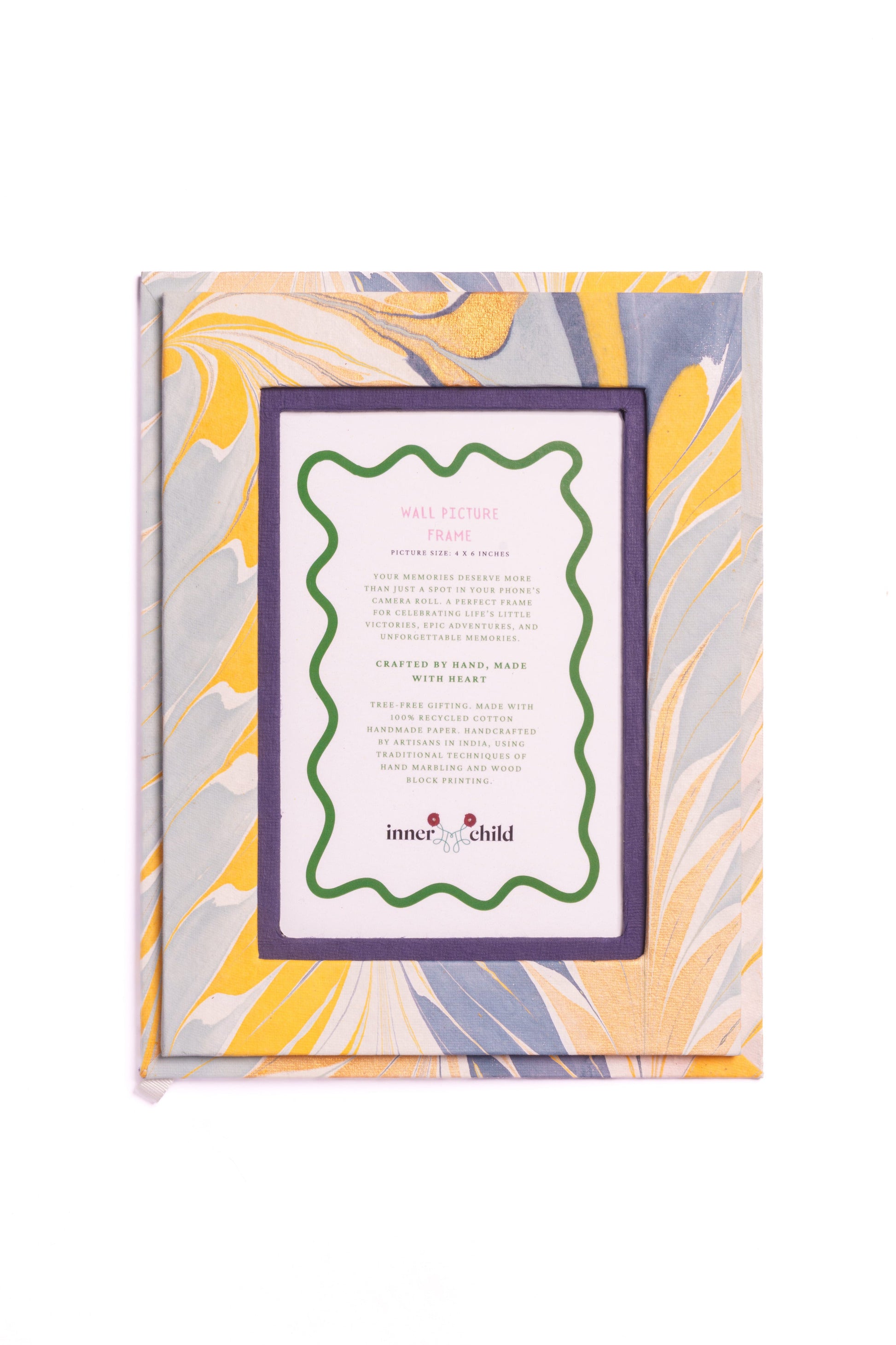 Hand-marbled blue and gold wall picture frame 4x6 inches Inner Child design