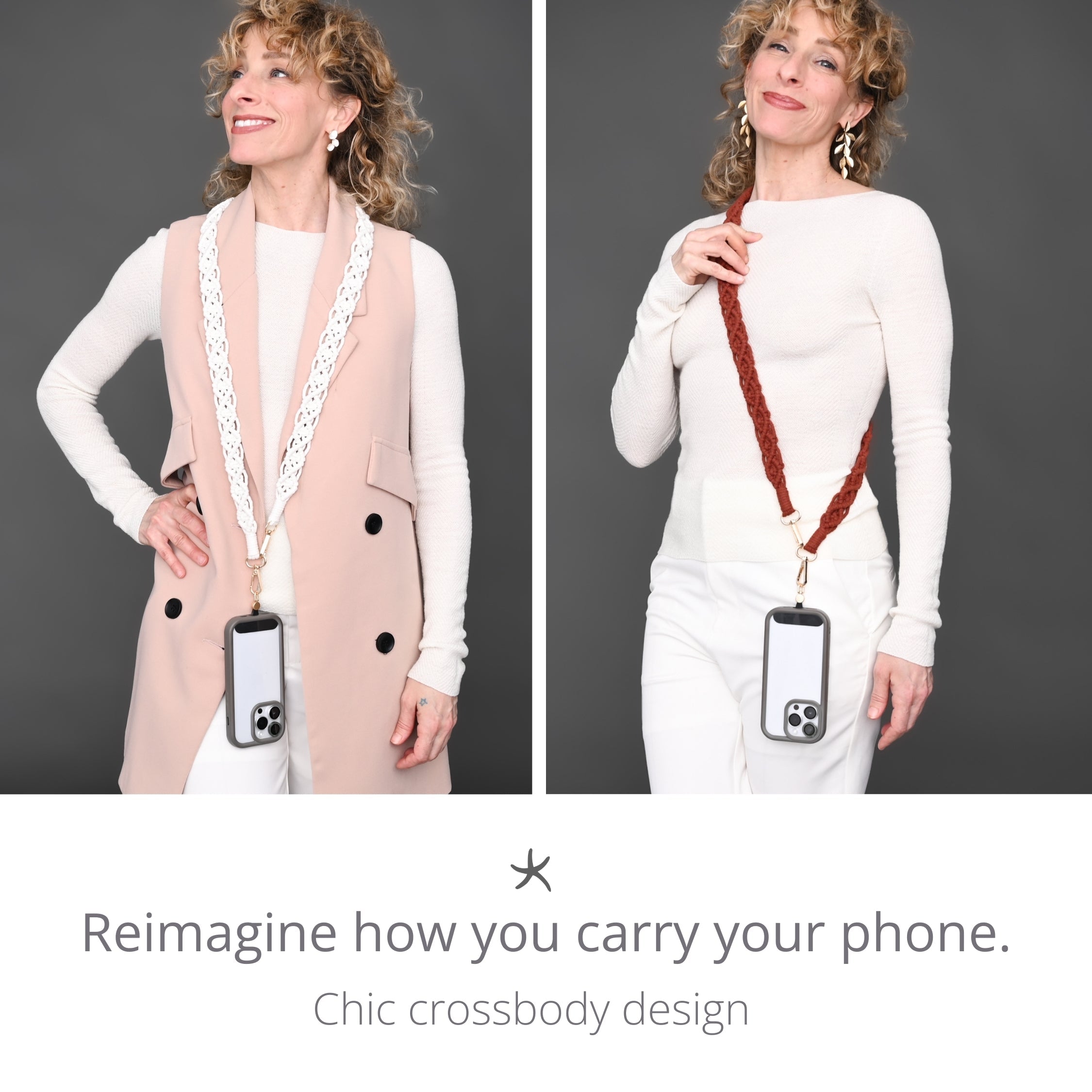 Model showing how to use hand woven phone strap, phone crossbody strap, beautiful phone accessory, women's artisan jewelry business