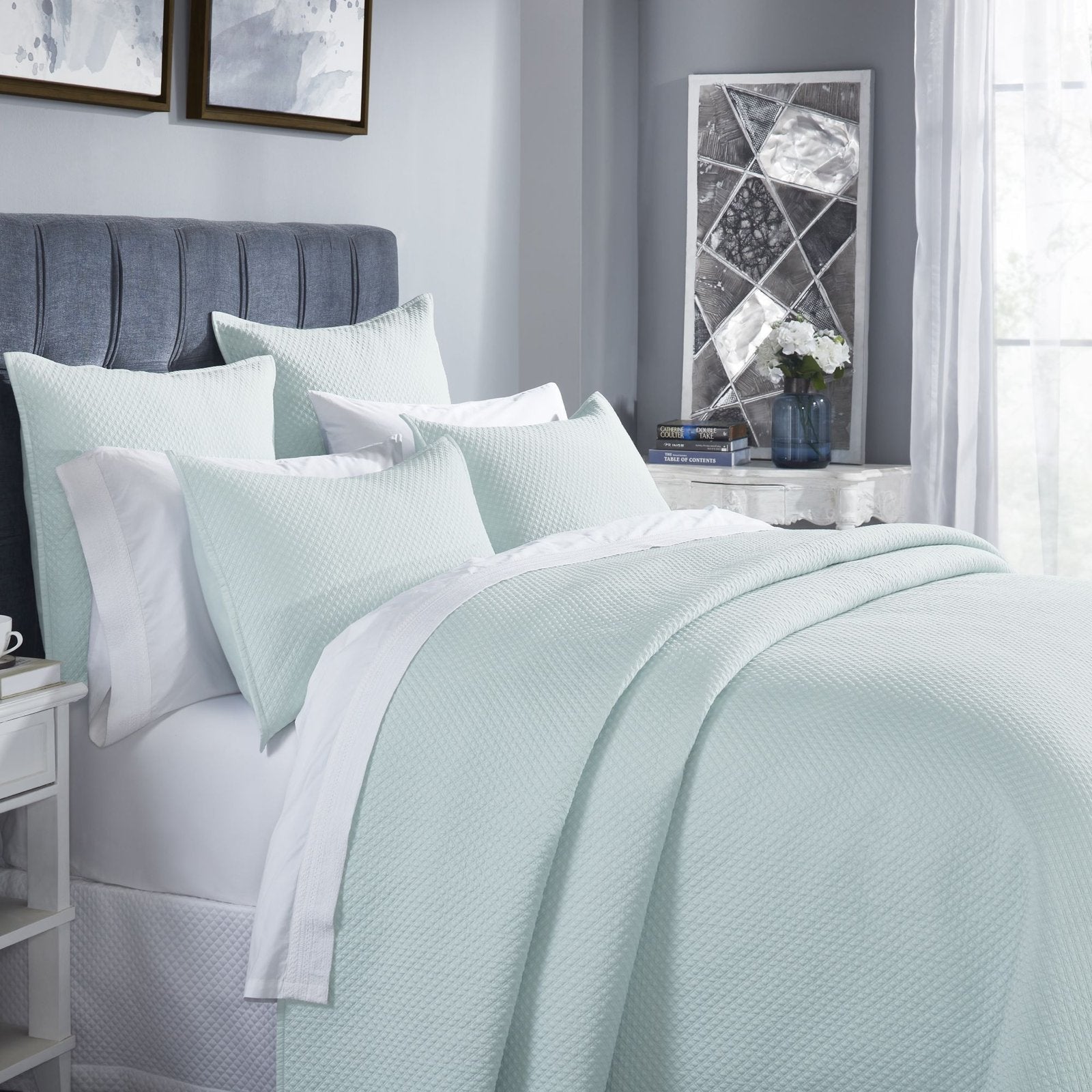 CL-252-9496_3|Detailed view of a refreshing mint green quilted coverlet set, adding cozy comfort and elegant modern bedroom appeal.