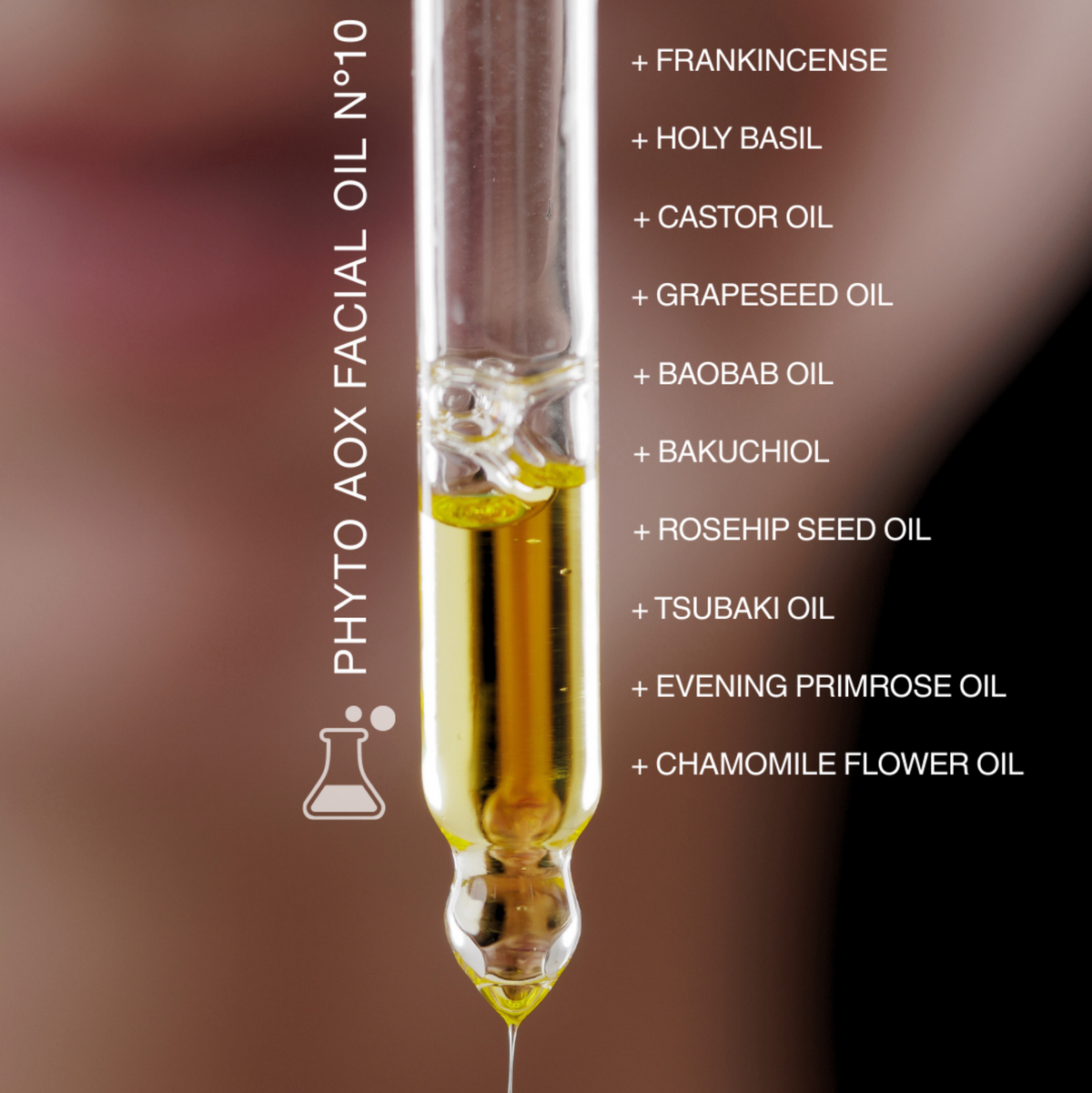 Phyto AOX Facial Oil N°10 with Exposome Defense Technology by TOPICAL SKIN CLEAN DERMACEUTICALS, golden amber oil dropper