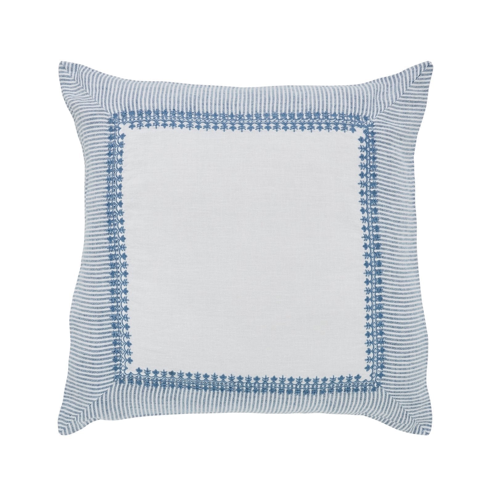 ES-030-X_1|Decorative square throw pillow with a white center and a blue striped, embroidered border design. Home accent.