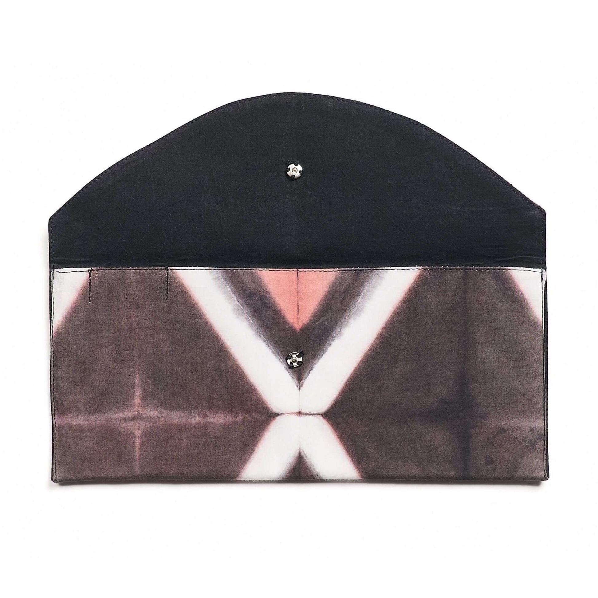 Tisa Artisanal Pouch In Black Pink Triangle Print with unique geometric design and button closure.
