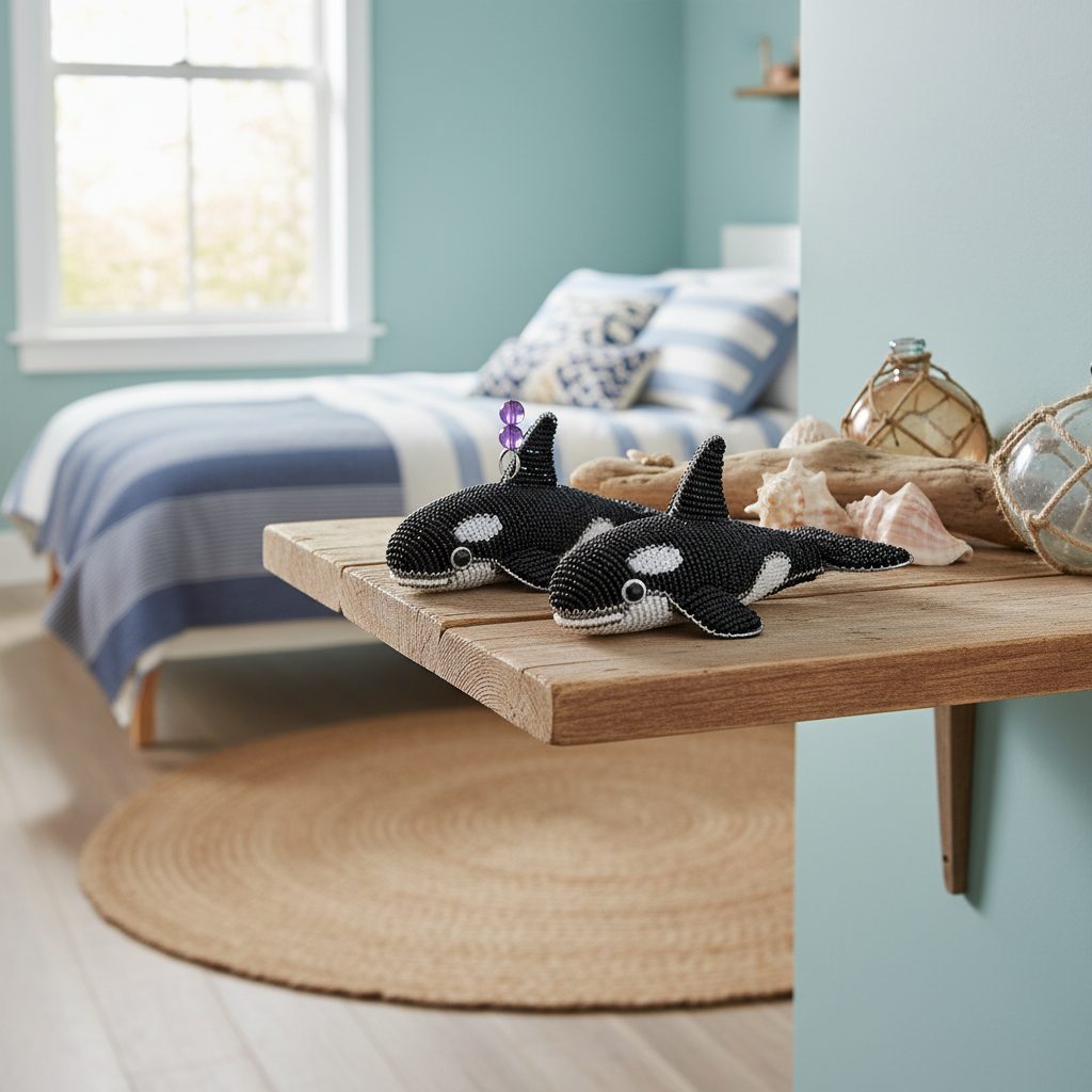 Orca Baby Set of 2 - beaded orca figurines displayed on shelf in ocean-themed bedroom