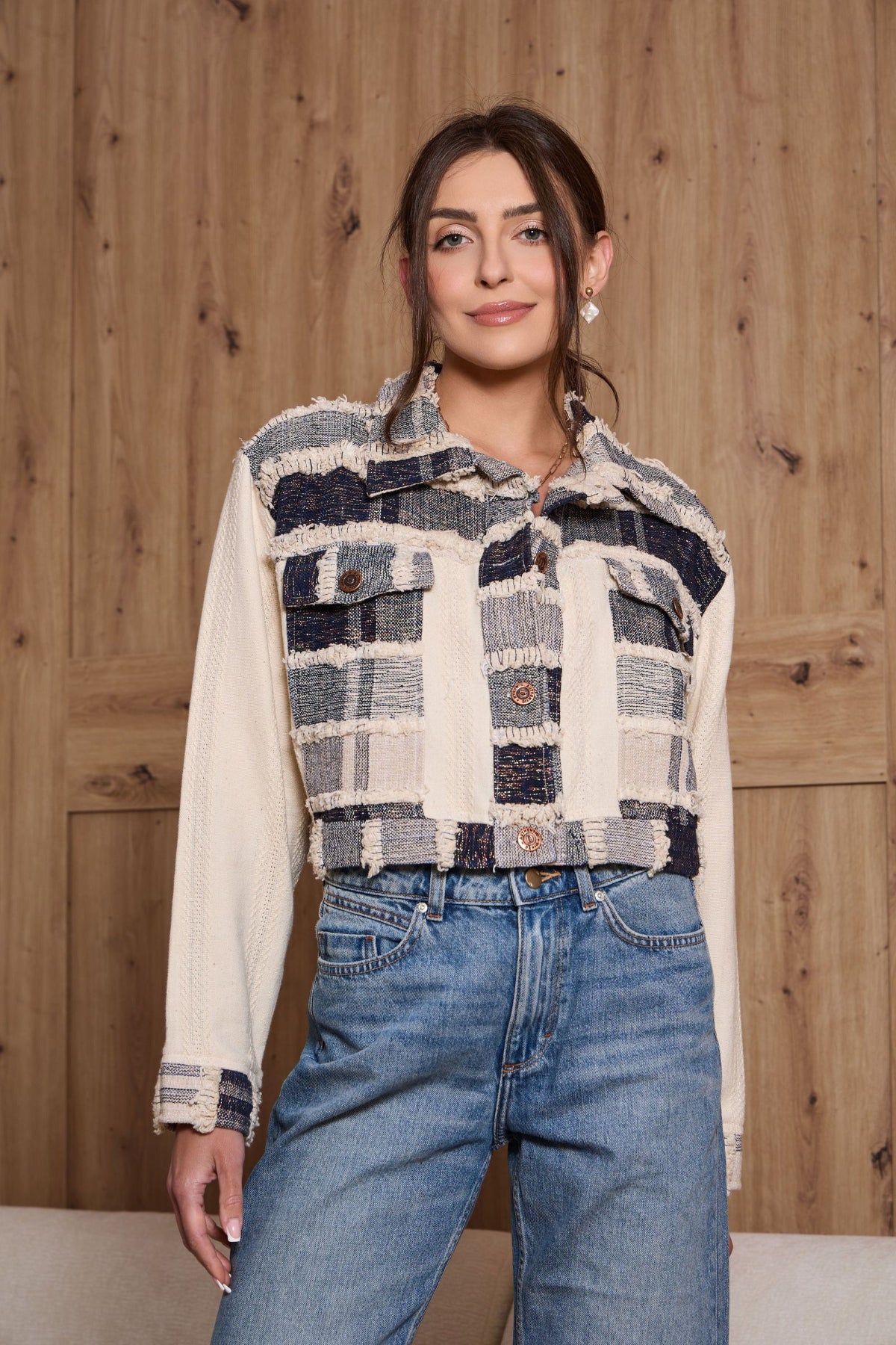 Patchwork Tweed Denim Jacket - IVORY