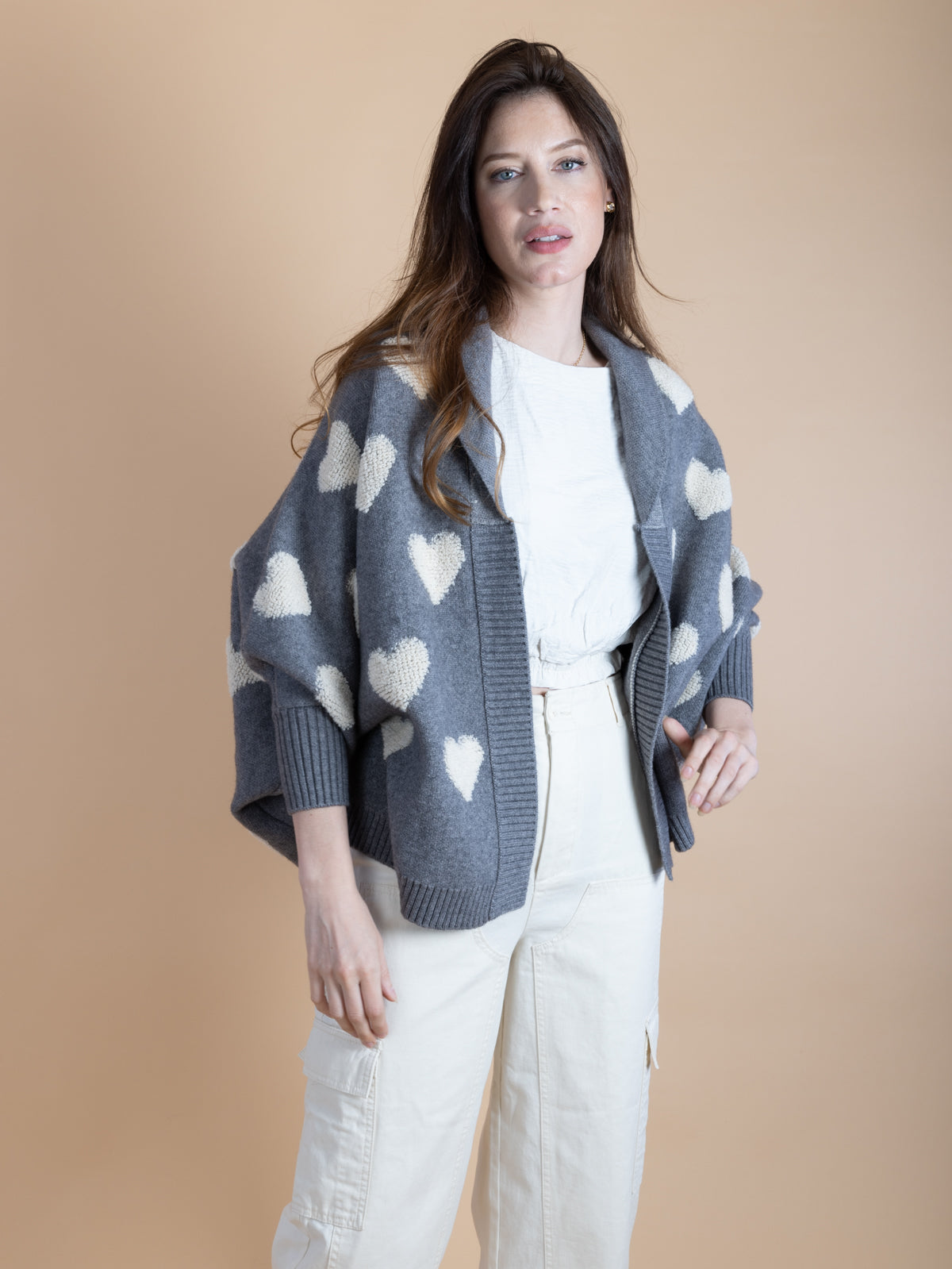 Heart Cardigan Ribbed Knit - Gray