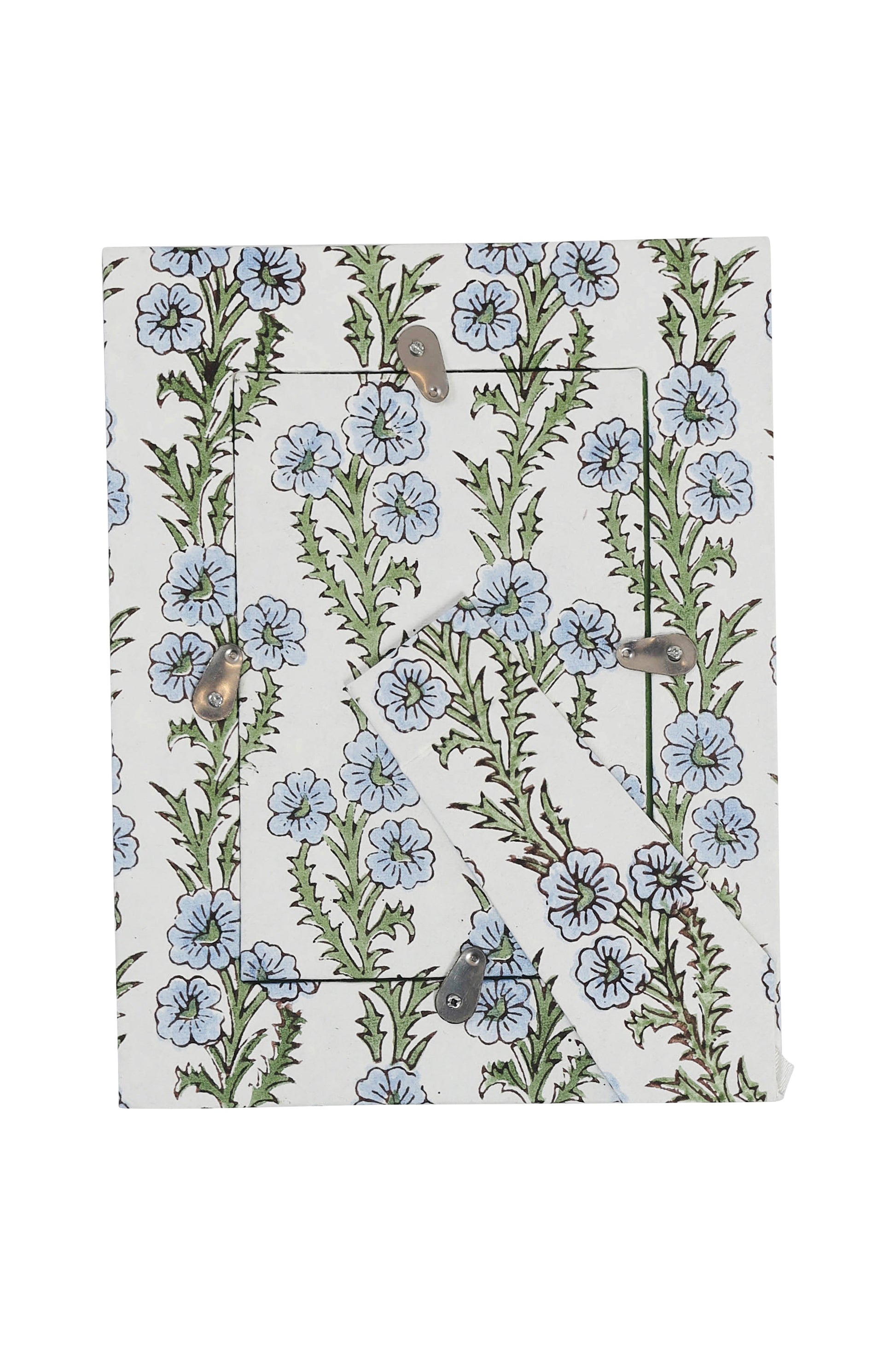 Blue forget-me-not floral fabric 4x6 rectangle picture frame with metal clasps
