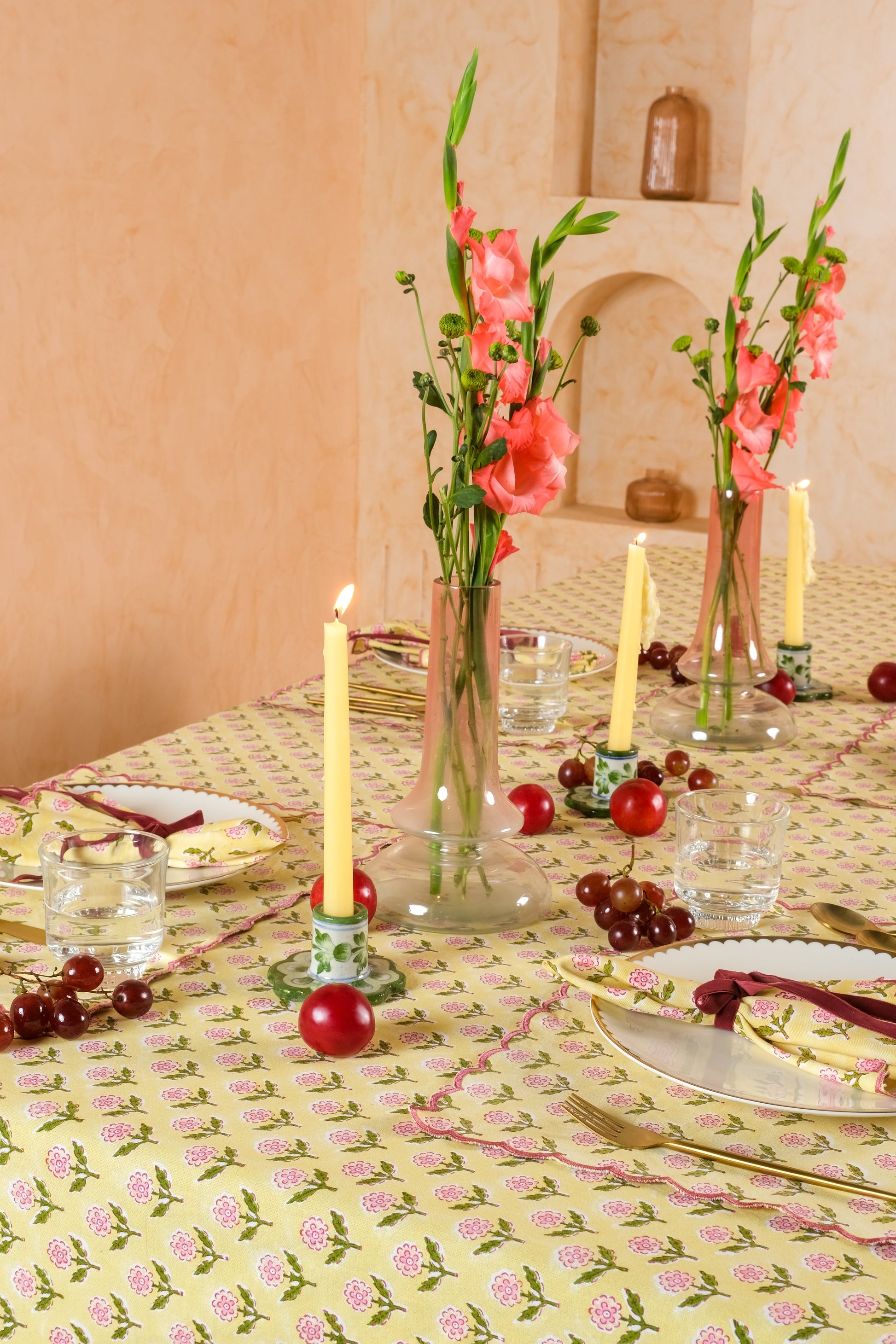 Mona scallop embroidered blockprint butter yellow tablecloth on dining table