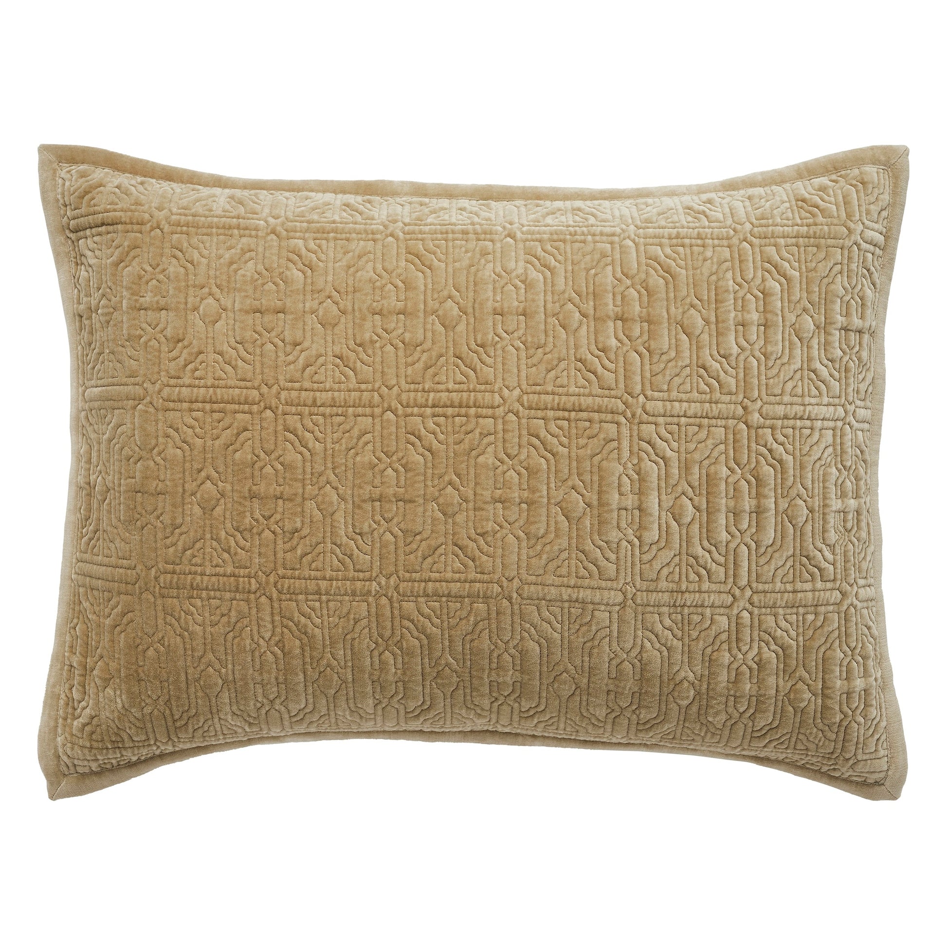 SS-377-2026_1|Luxurious tan velvet quilt sham with intricate geometric quilting, perfect for adding warmth and texture to bedroom decor.