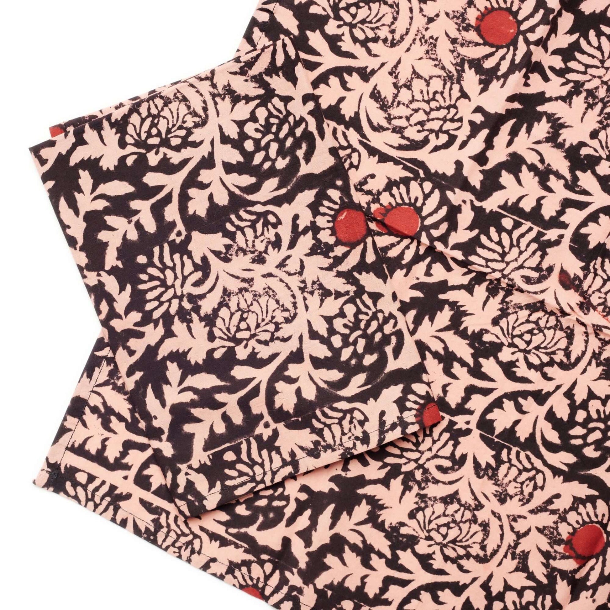 Hummus Floral Wax Block Printe Cotton Table Napkin( set of 4 ) in black and red floral design, artisanal and sustainable.