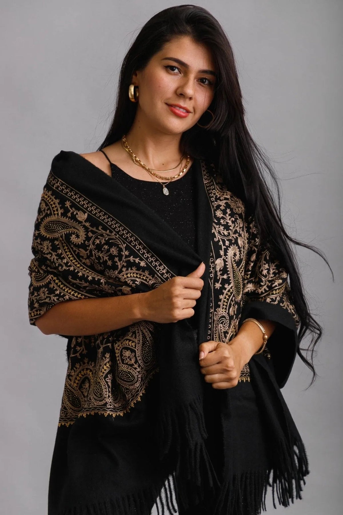 Nora Embroidered Reversible Scarf Black