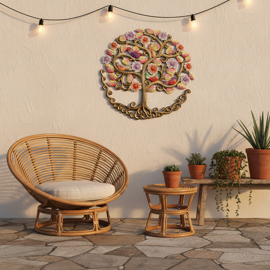 Painted Admiring Tree Fair Trade Haitian metal art on bohemian patio - RND05122