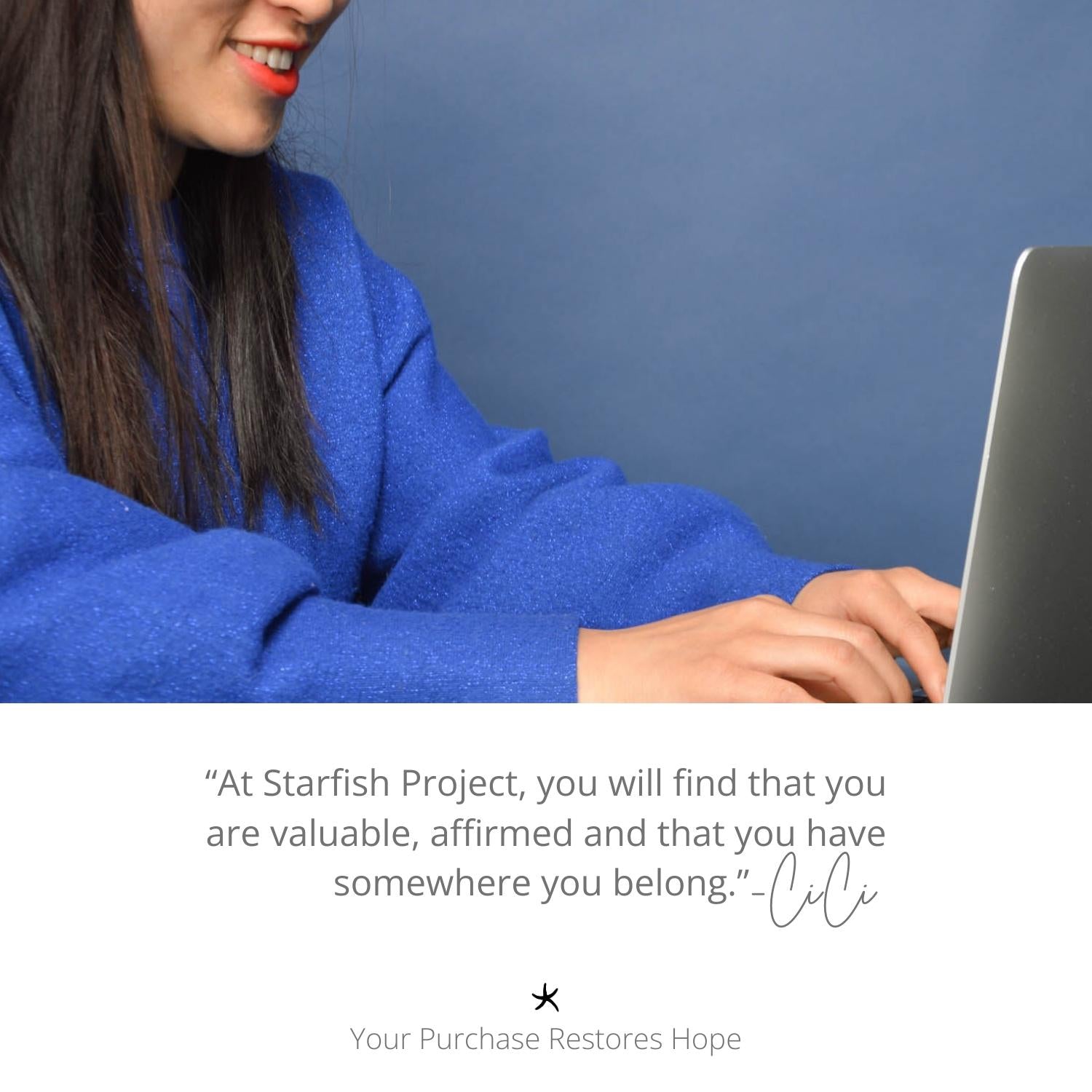 Girl in blue sweater on a computer, blue background, Popular jewelry brands, fair trade, freedom business