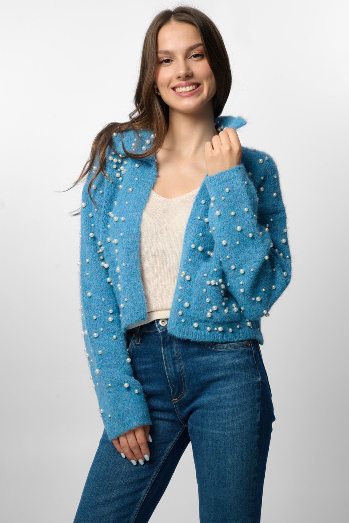 Pearl Collared Open Cardigan - Blue