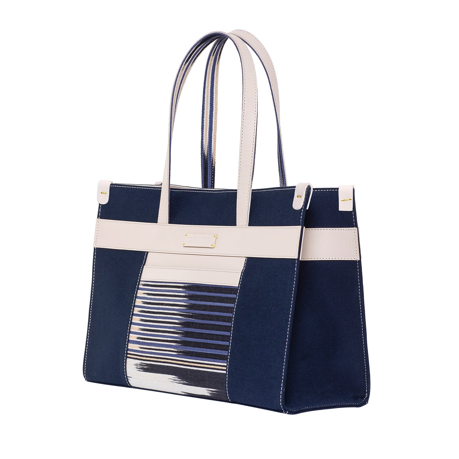 Navy Leather & Canvas Tote Bag with Pockets