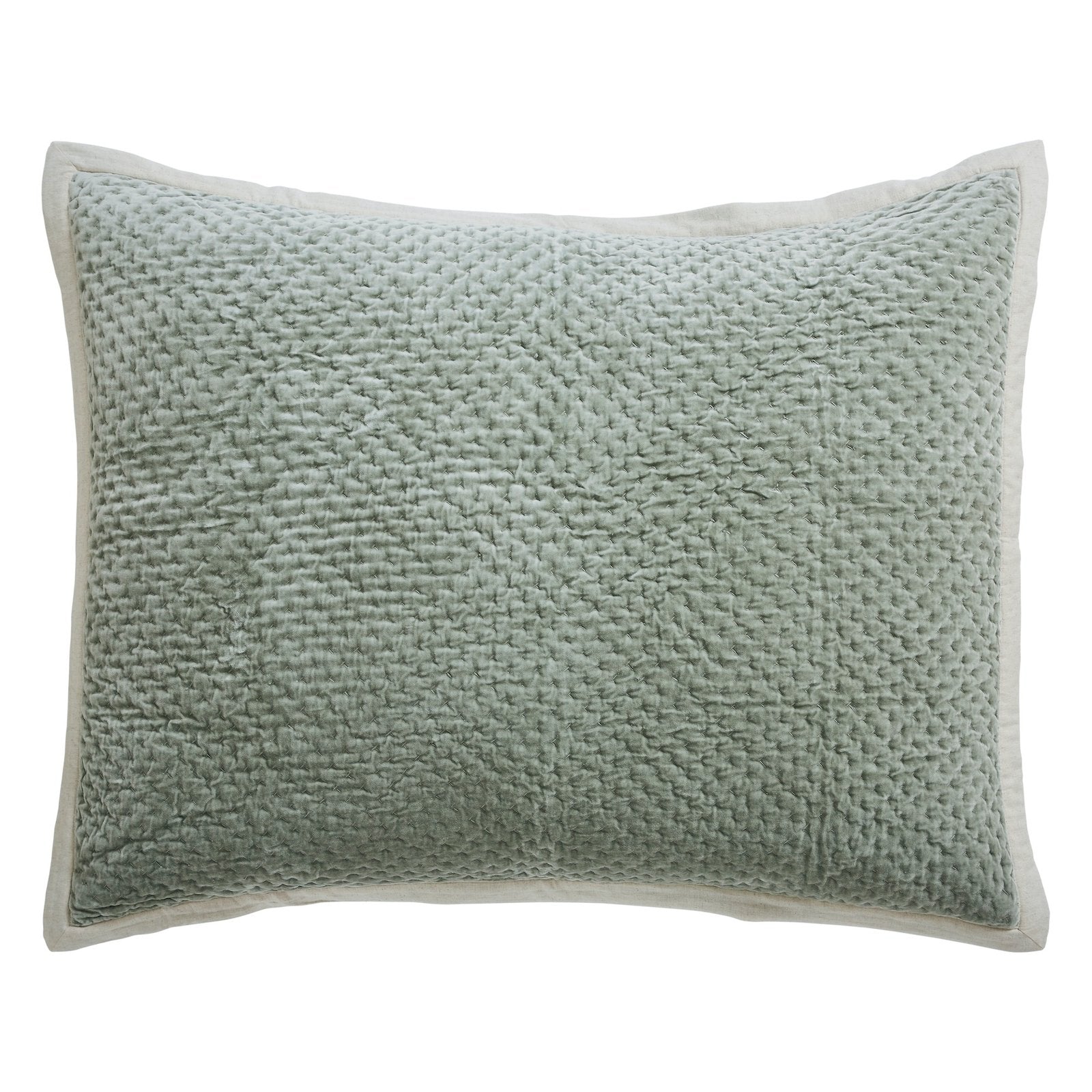 DE-328-3137_1|Soft mint green velvet quilted pillow sham with delicate cross-stitch pattern, adding a serene touch to bedding decor.