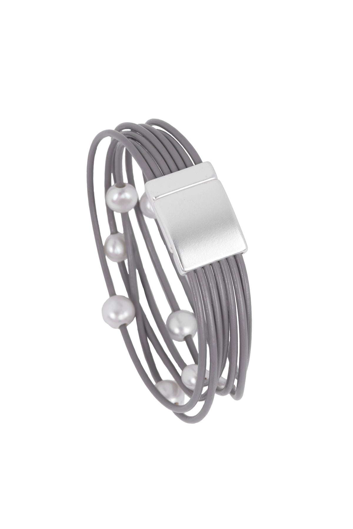 Multi Strand Leather Pearl Bracelet - Light Gray