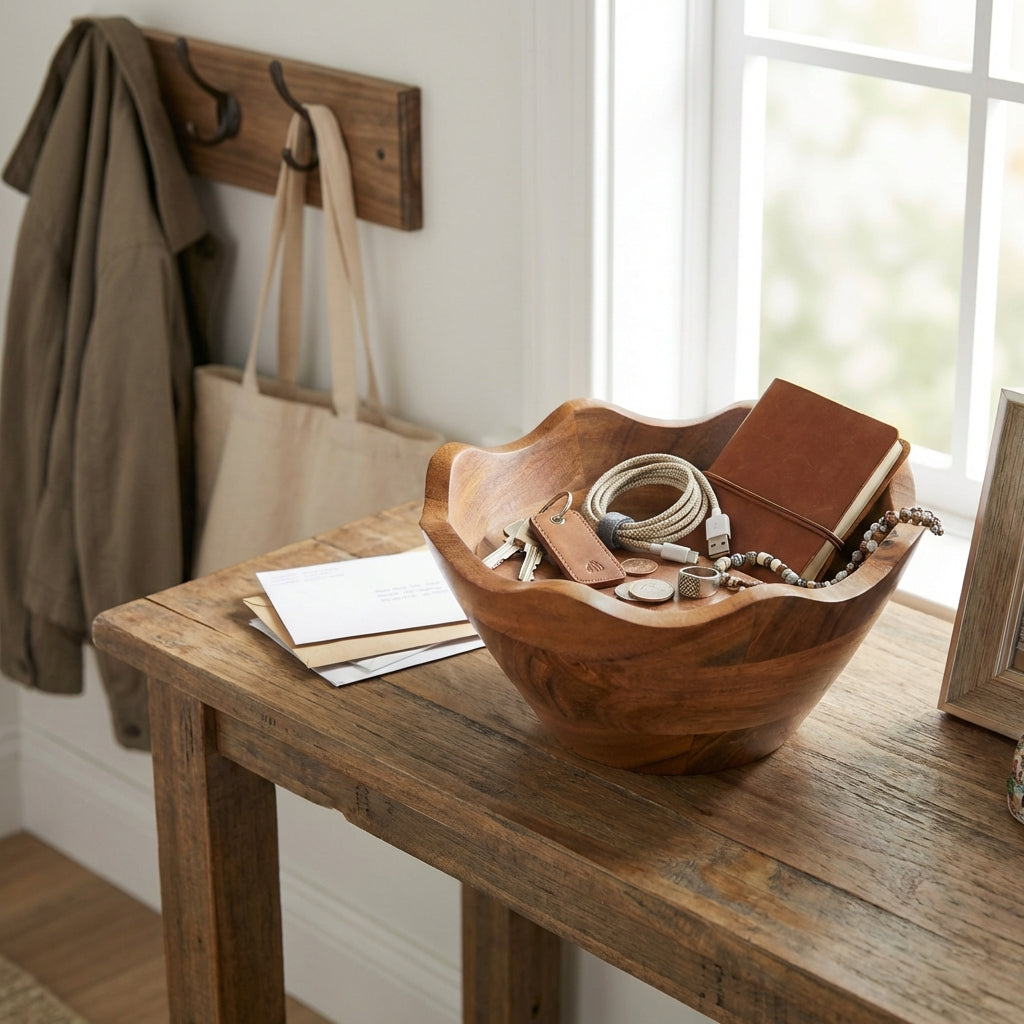 Artisan-carved scalloped wood bowl with a unique organic silhouette.
