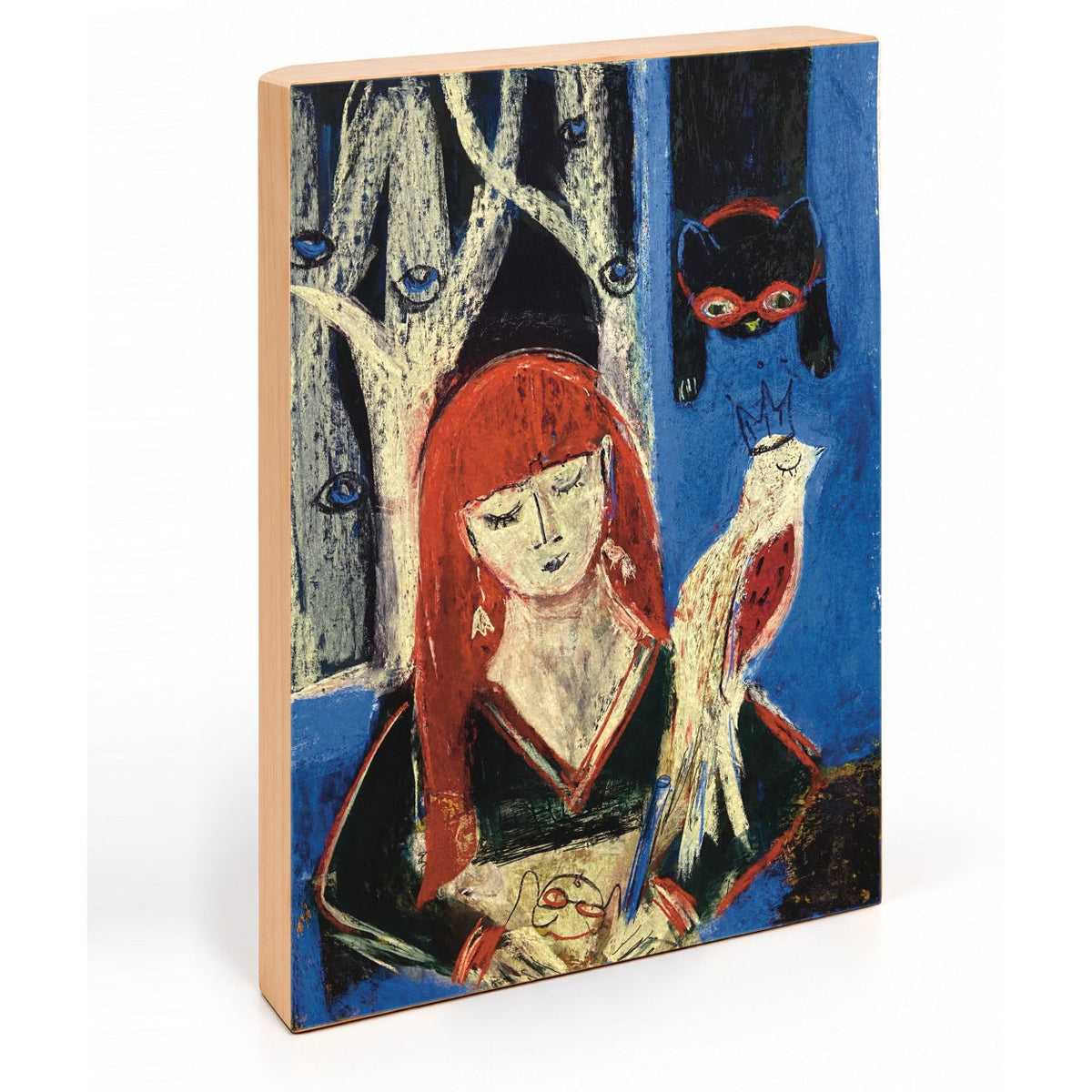 Red-haired girl with cat and bird night time art print, angled view showing natural wood side