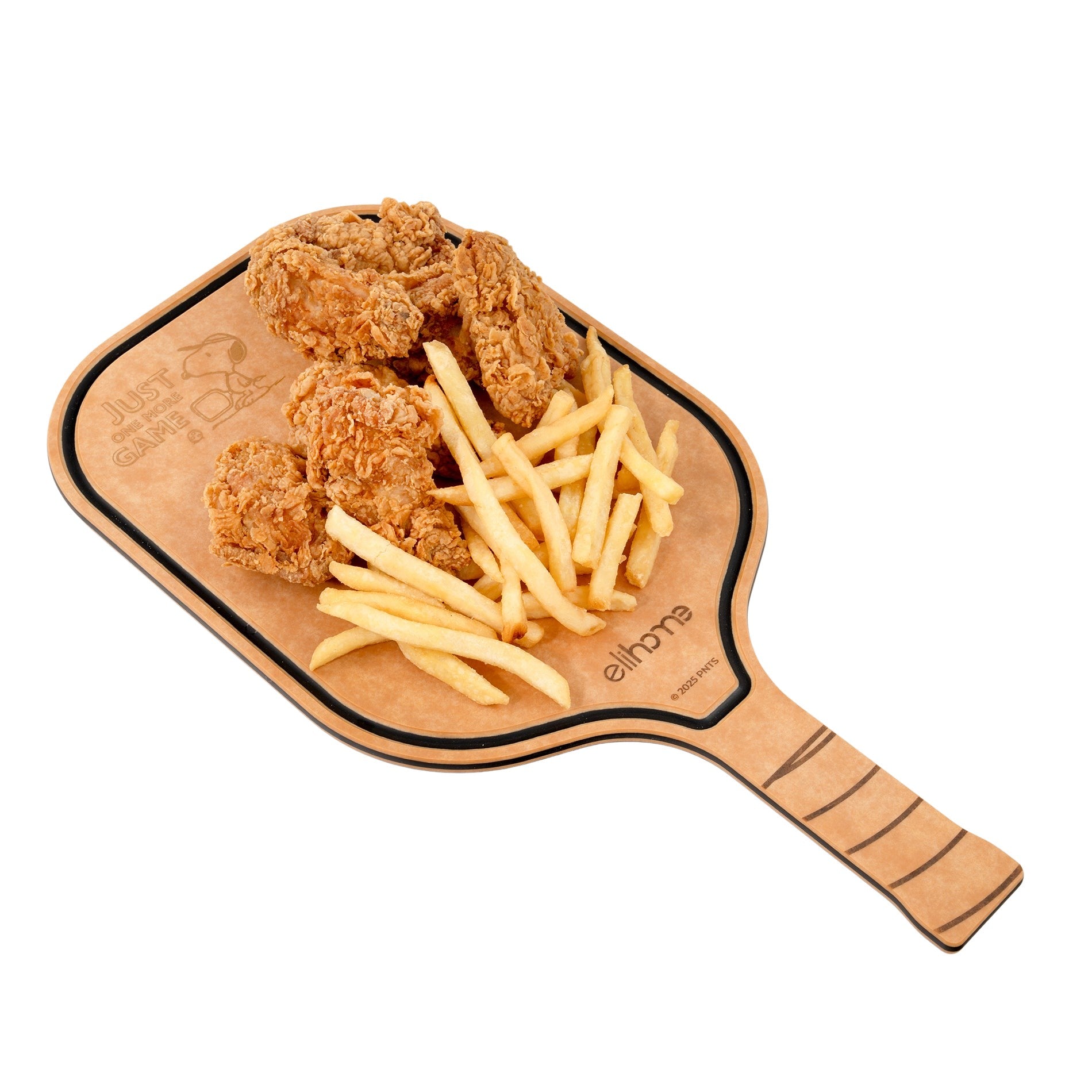 Two pickleball paddles with a 'elihome x Peanuts' pickleball charcuterie & cutting board in the background.