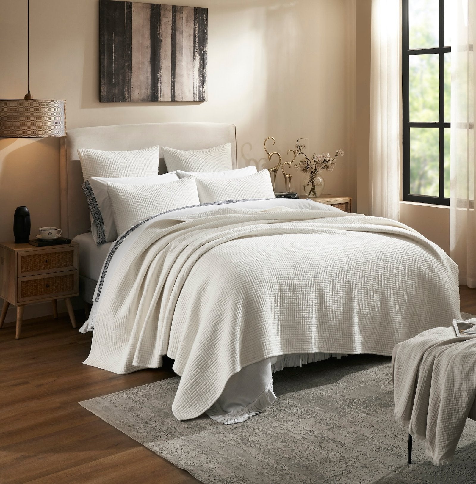 CL-199-9496_2|Inviting white quilted coverlet with a stylish herringbone pattern draped over a bed, enhancing a modern bedroom.