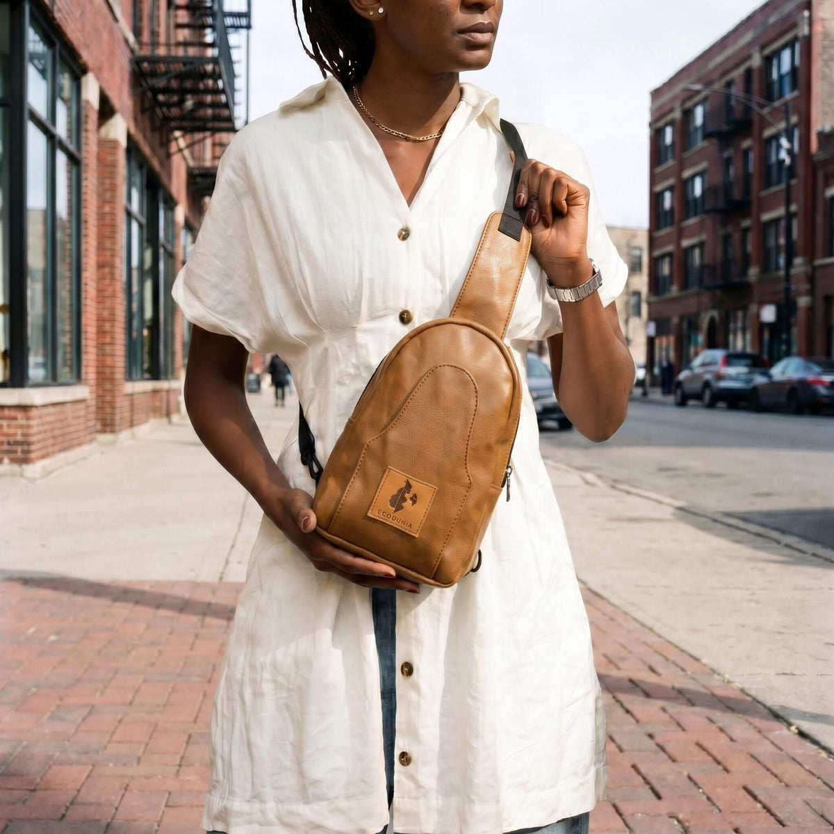 Buru dark tan vegan leather hands-free sling bag #color_brown