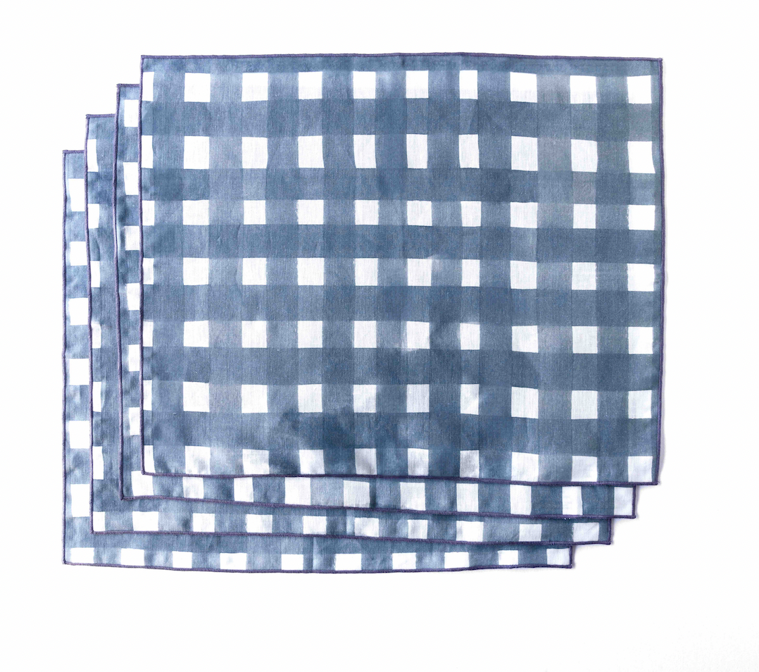 Blue Cross-Hatch linen placemat set of 4 styled on dining table - Goldie Home