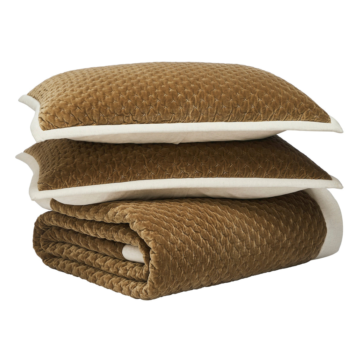 QT-378-9496_11|Luxurious brown velvet quilted bedding set: two decorative pillows and a folded quilt with elegant white trim.