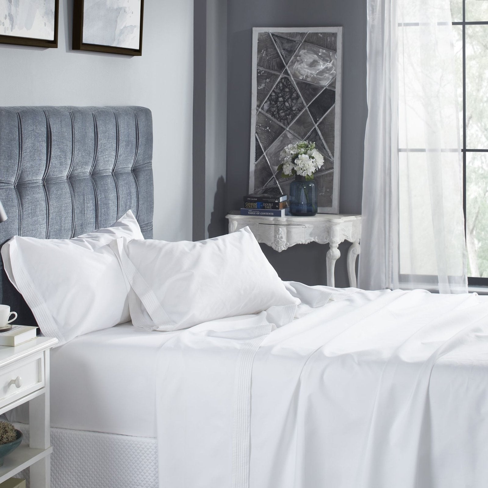 KSS-521-7880_2|Elegant white 100% cotton sheets featuring refined vertical pleats, perfect for a serene and plush bedroom.