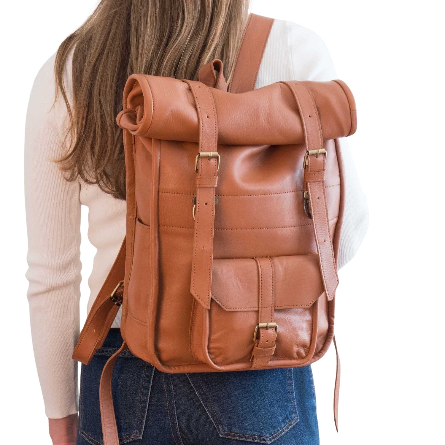 Brown Leather Rolltop Backpack