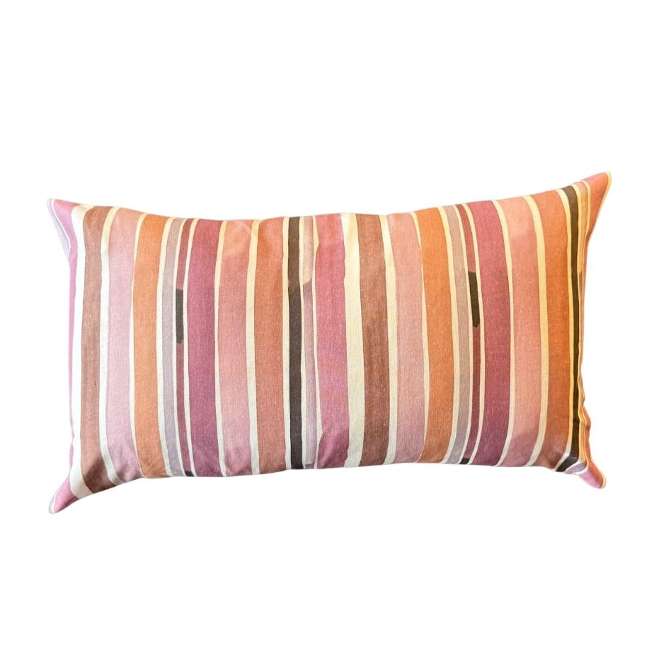 Lisbon Stripe linen lumbar pillow 12x20 hand-painted in warm pink plum maroon brown and rust tones - Goldie Home