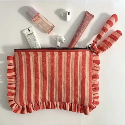 Handmade Quilted Pouch Pink Red Stripes 8x5 Inches Cotton - Casa Amarosa