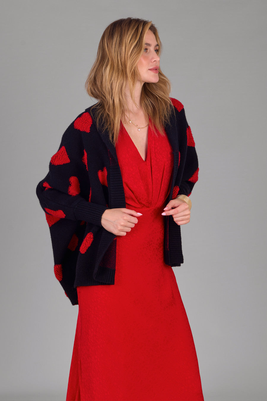 Heart Cardigan Ribbed Knit - Red & Black