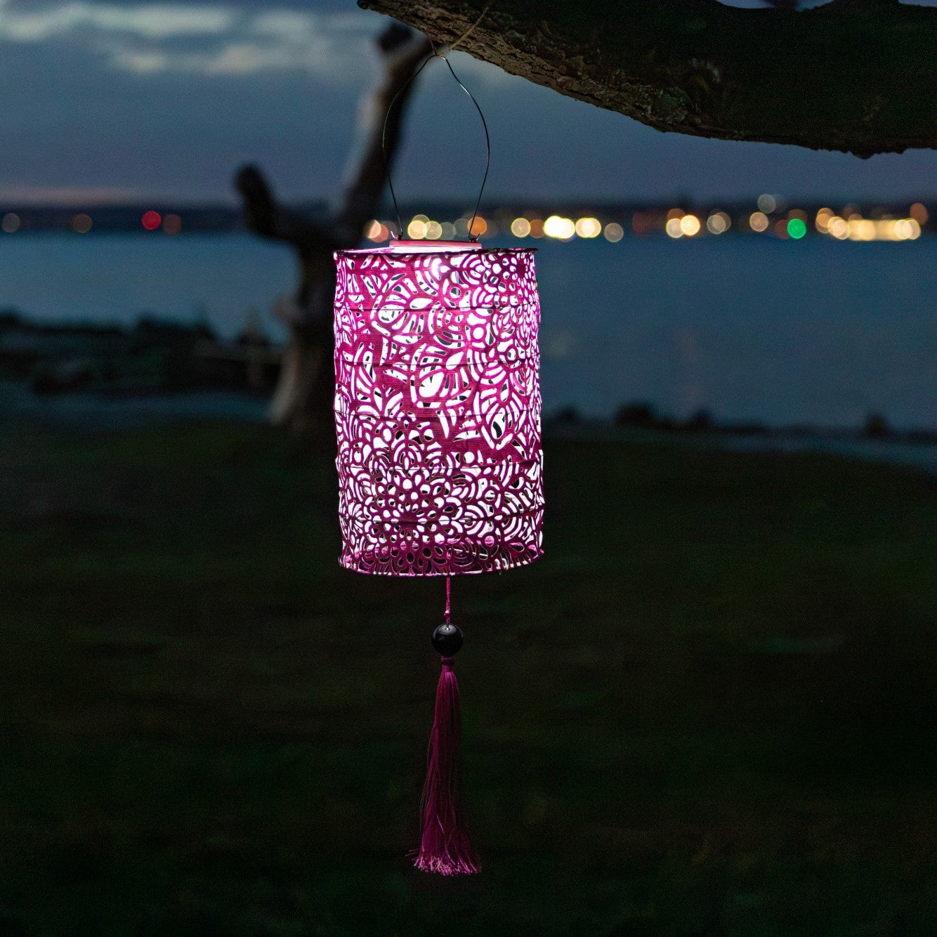 Pink hanging lantern with tassel against a dark background