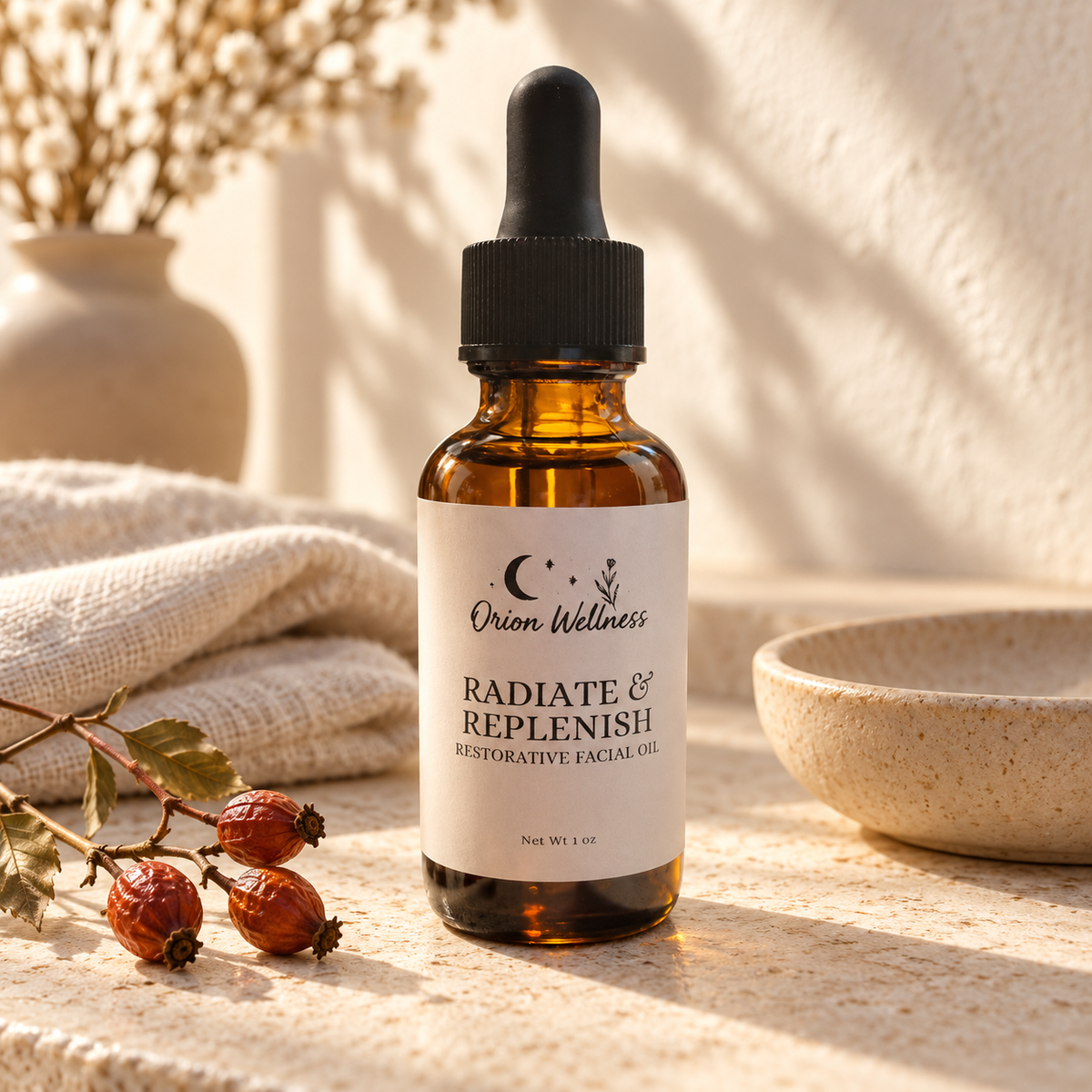Radiate & Replenish Facial Oil in a warm botanical lifestyle setting