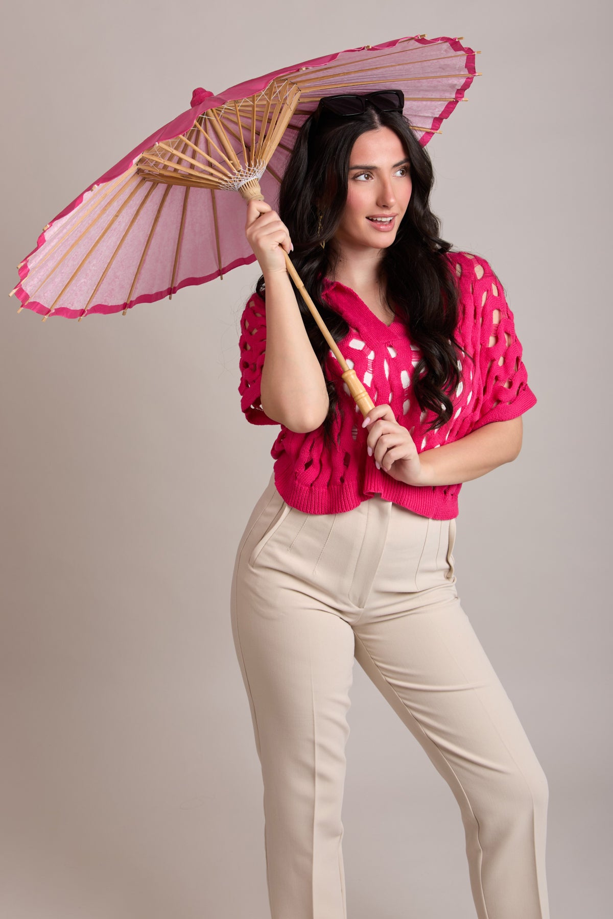 Knit Cut-Out Collared Shirt - Fuchsia
